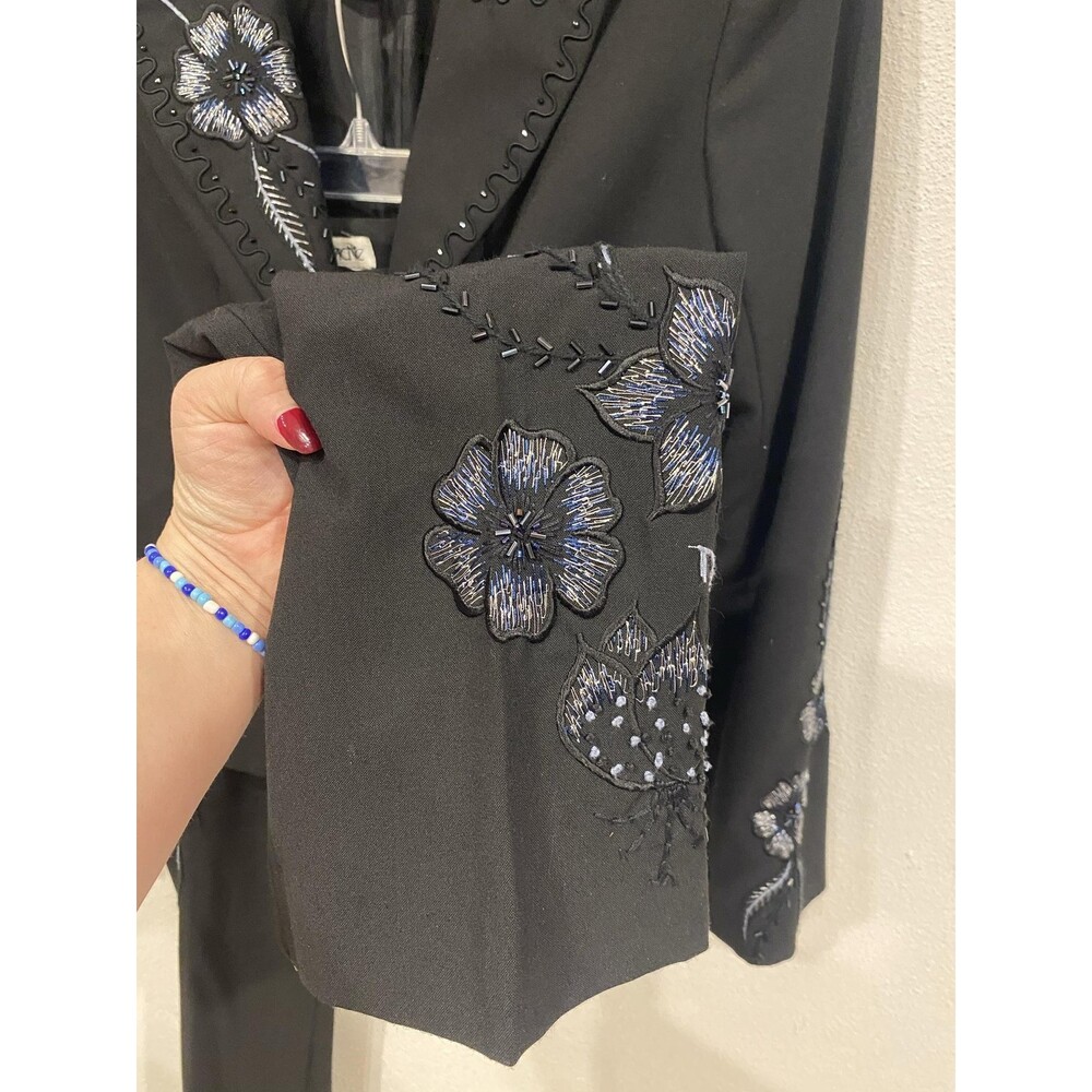 Cache Pant Suit Set Womens 4 Black Floral Beaded 2 Piece Jacket Pants - Picture 3 of 7
